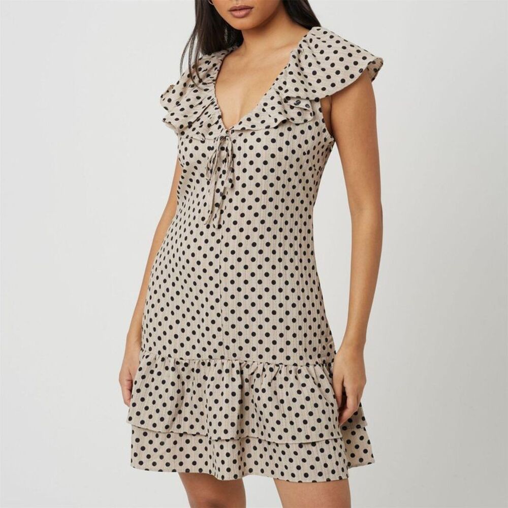 Brave Soul Womens/Ladies Polka Dot Frill Detail Mini Dress / Beige/Black